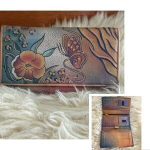 Anuschka Hand Painted Leather Butterfly Floral Tri-Fold Wallet